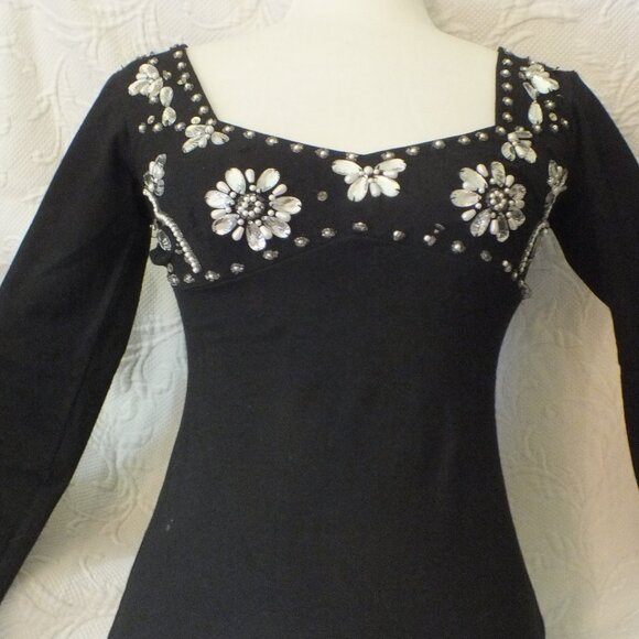 80's Vintage Blouse/Top Black in SZ S with Crystal, Pearl and Sequin by Hunza - Picture 1 of 4